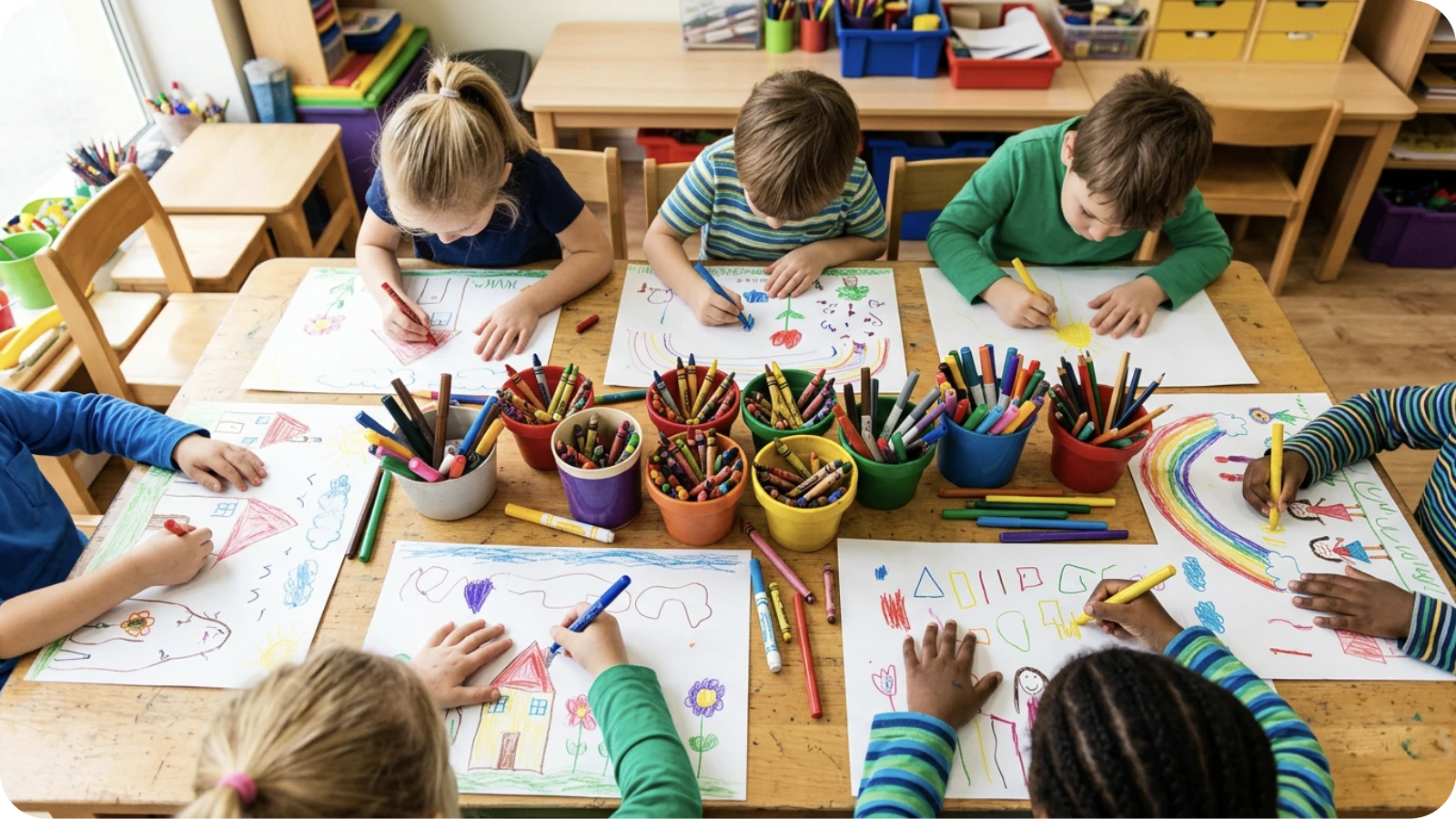Children drawing together around a classroom table covered in crayons and paper