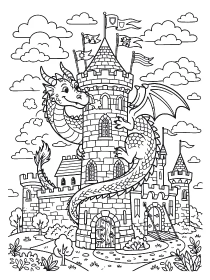 Dragon at the castle, a colouring page