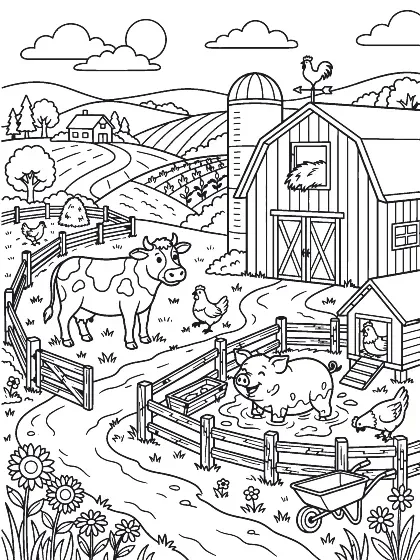Farmyard, a colouring page