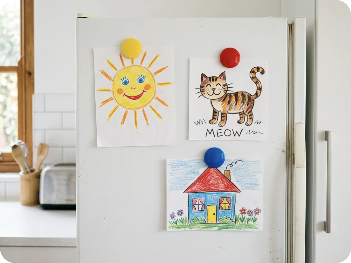 Three children’s drawings held on a fridge door with magnets