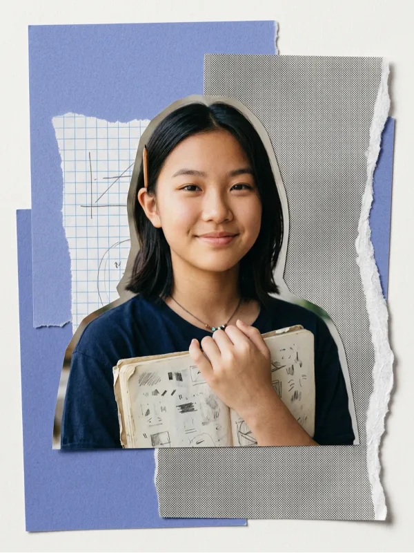 A teenager with a pencil behind her ear holding her sketchbook, on a collage of blue and halftone paper