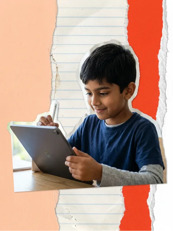 A boy drawing on a tablet with a stylus, on a collage of peach, lined and red paper