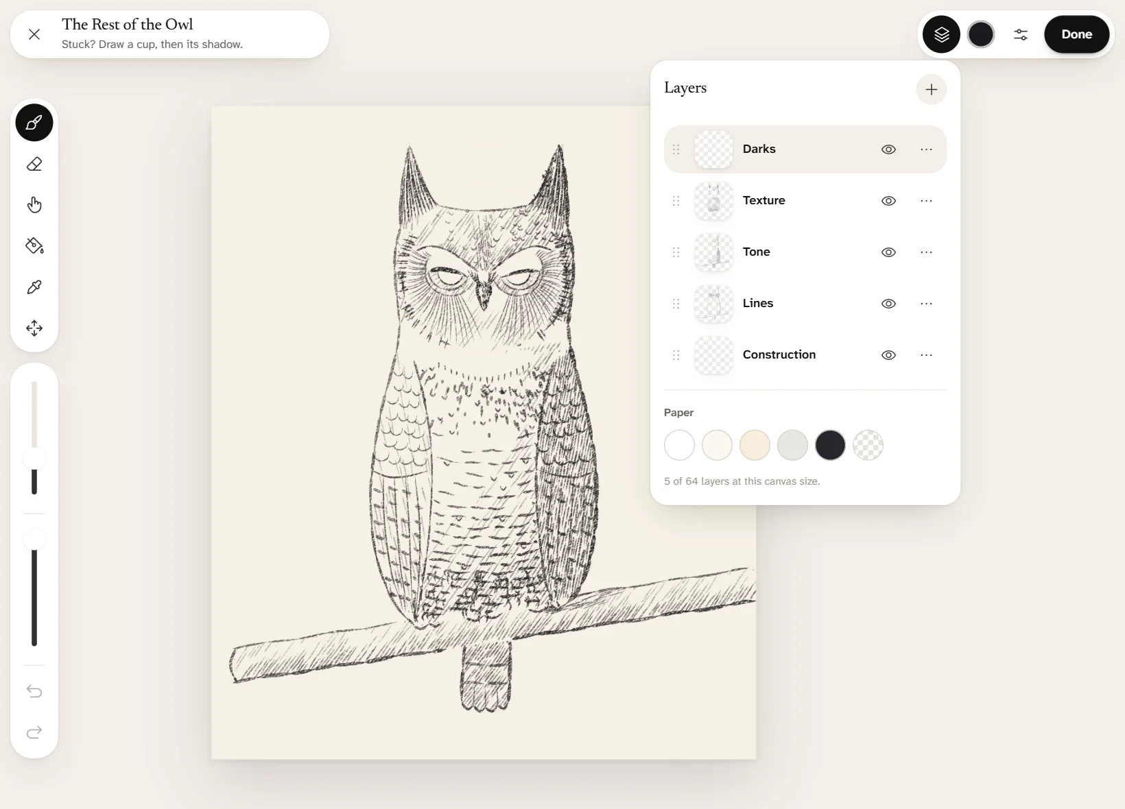 The Lapis canvas on a tablet: a pencil drawing of an owl on a branch, with the tools and brush panel floating beside it