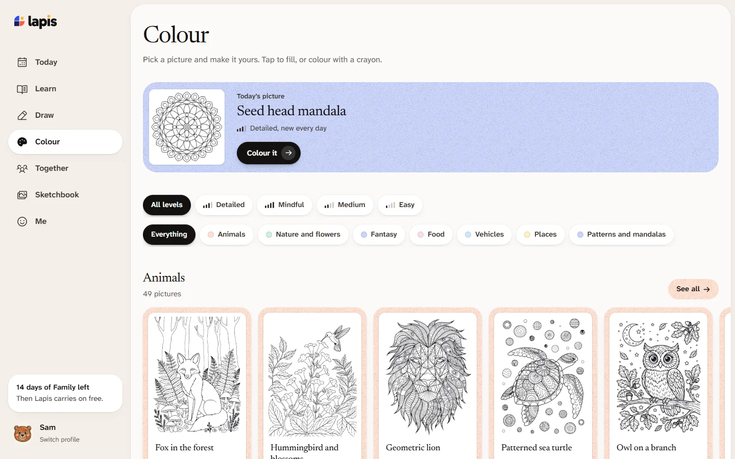 The colouring library: a picture of the day, filters by level and kind, and a row of animal pictures