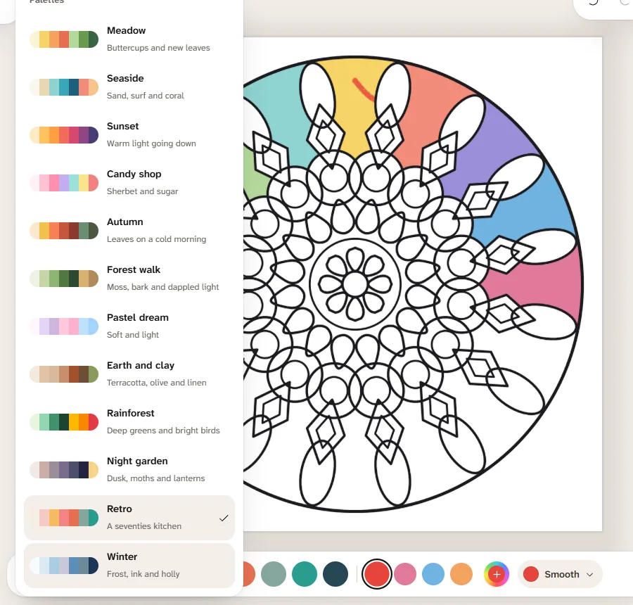 The palette picker open beside a mandala: meadow, seaside, sunset, candy shop, autumn and more