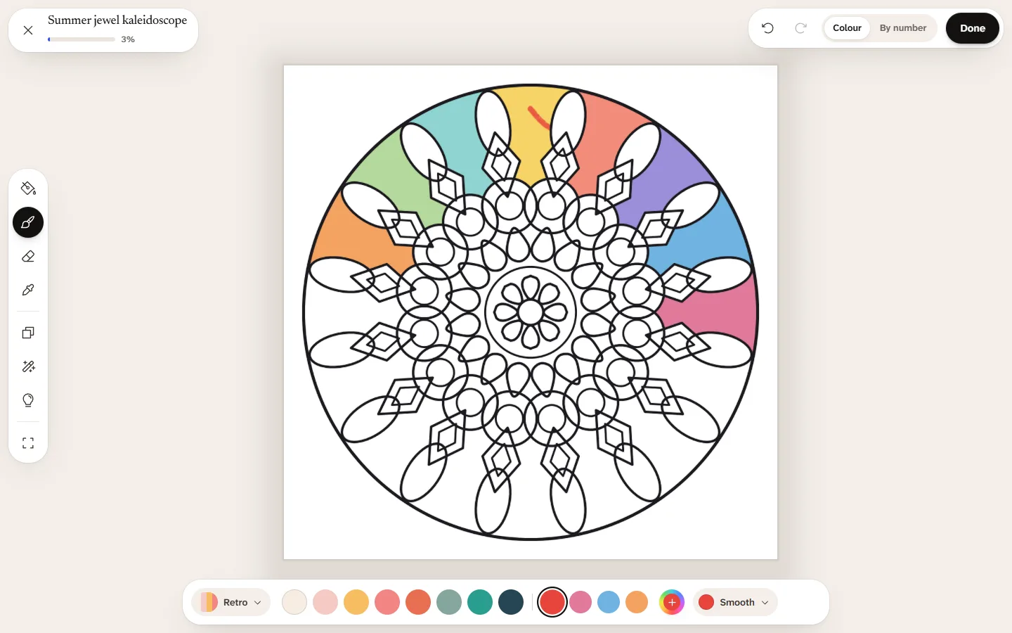 The colouring studio: a mandala part coloured in rainbow colours, the tools down the side and a palette along the bottom