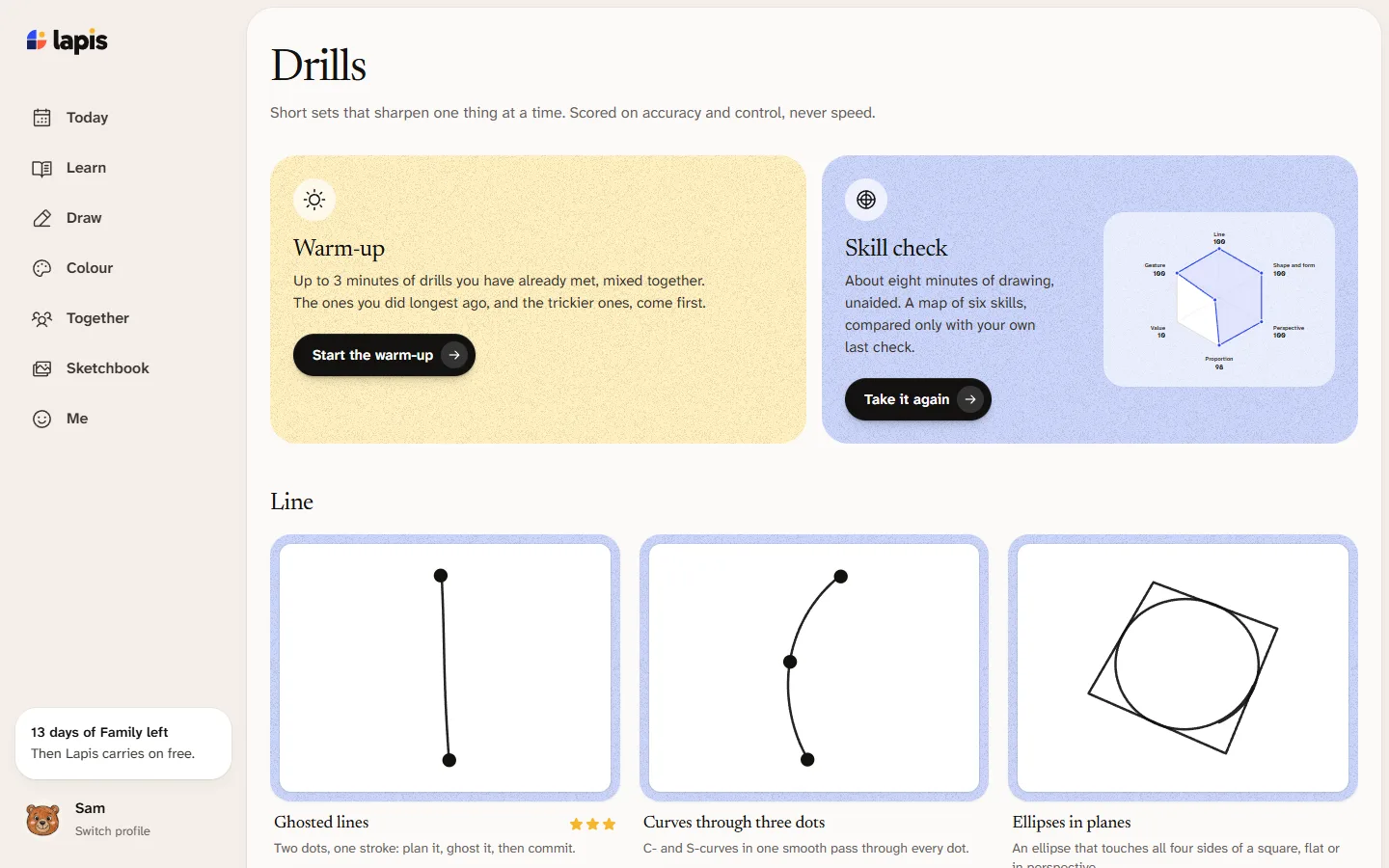 The drills screen in Lapis: a warm-up card, a skill check card, and line drills such as ghosted lines, curves through three dots and ellipses in planes