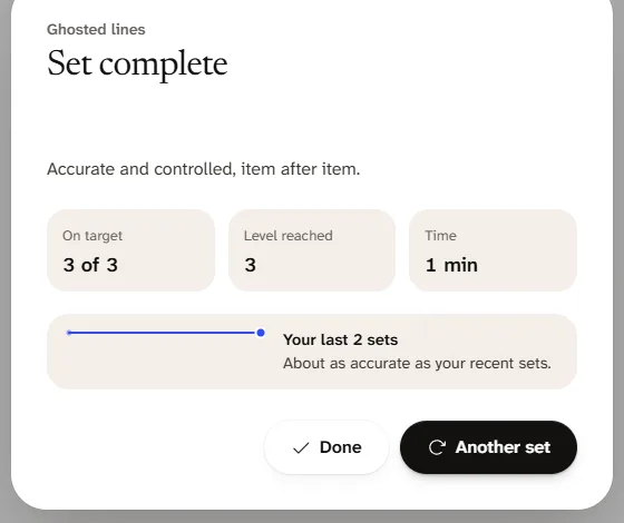 The end of a drill set: three of three on target, the level reached, the time taken, and a line comparing this set with the last two