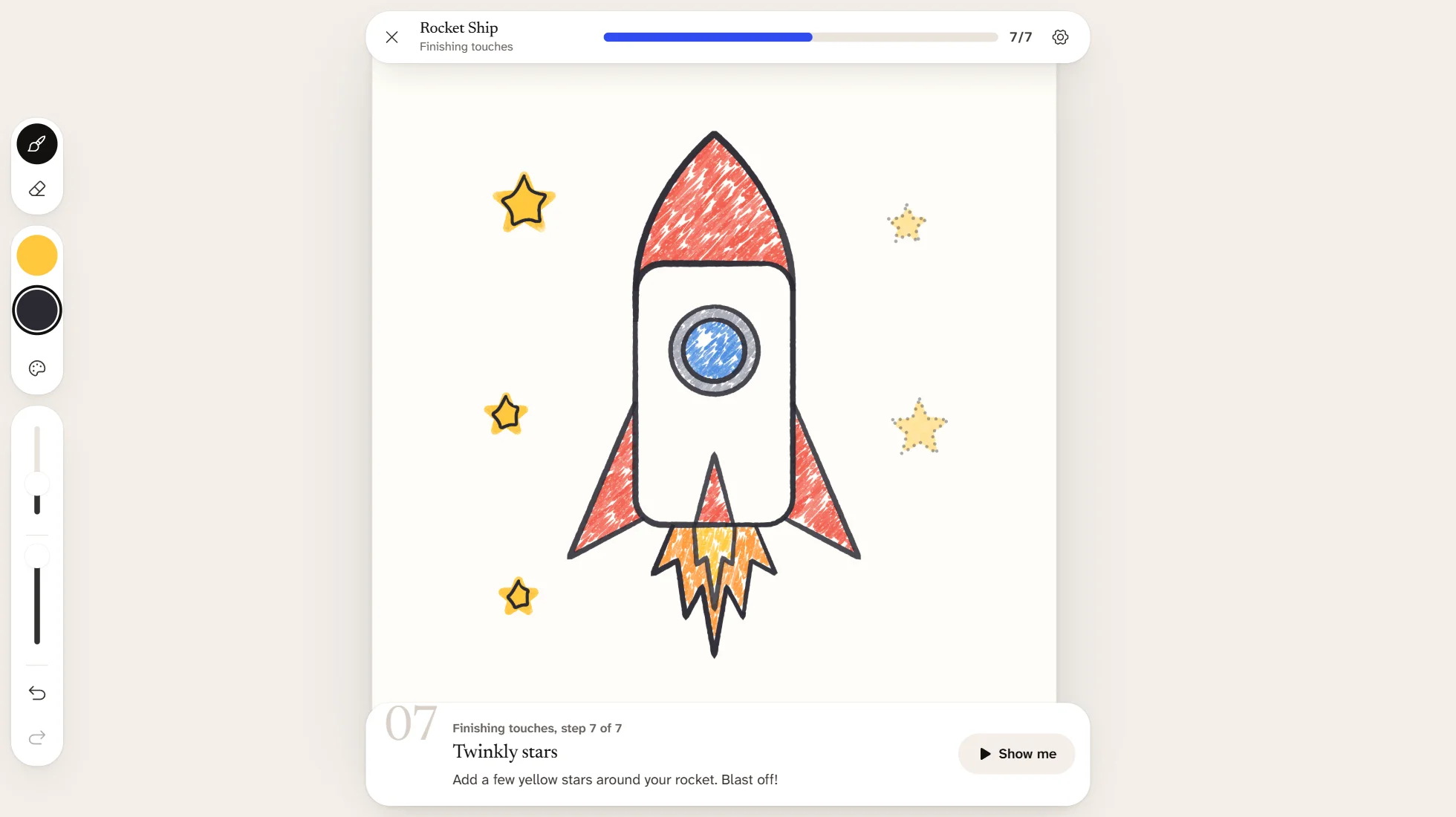 Practice mode: a dotted line to trace around the sun, a chequered area to colour in, and a progress bar filling at the top
